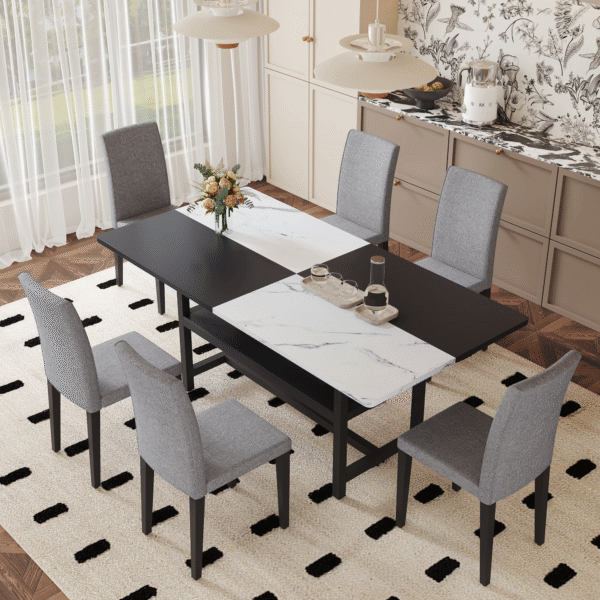 66f313ad4c404e8a9918b0677fbb7bb2_7cb798fe721bb9caa30aae8c2db5a703 Table and chair set.71*35.4 inch White And Black Spliced Dining Table With Storage Function In The Middle Of The Table Legs.Paired With 6 Light Gray Linen-Cotton Dining Chairs, Simple And Versatile.