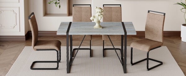 66f323b7885d4d7abae5cf46b27ba6de_c02acdc607f4b7aa765b047020469f58 Table and chair set. Modern minimalist grey marble textured MDF dining table with metal frame.Paired with 6 brown technology fabric chairs with Featuring arched black legs.