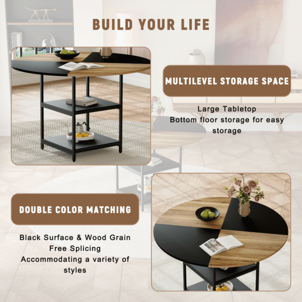 6714bb27efd14cc7a6fcb77d964d658b_4fbc73b89a7171111d4ede6bd75ee091 Table and chair set. A 47.3-inch diameter modern spliced color circular dining table - double-layer storage.Paired With 4 Black Linen-Cotton Material High Resilience Dining Chair with Metal Black Leg.