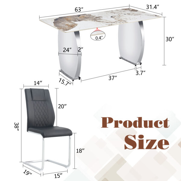 671562ab615343a88c27fdcab15ca548_ea671abd8eb69d516edbeef102d933ca Table and chair set.63*31.4 Inch Pandora Patterned Sintered Stone Dining Table Set - 6 Black Chairs With Silver Metal Legs.Modern Light Luxury.Perfect For Dinner Room,Meeting Room,Kitchen,etc.