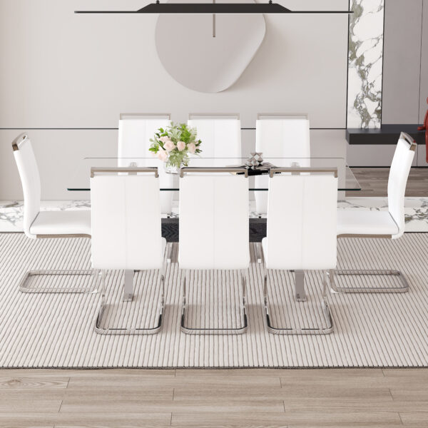 6723b34c268840c292b798a3472019ae_c9007180e65bf6333a7a6d4b5143610c Table and chair set.Elegant Transparent Tempered Glass Dining Set - 71"x35.4" with 8 White PU Chairs with silver C-tube metal leg.