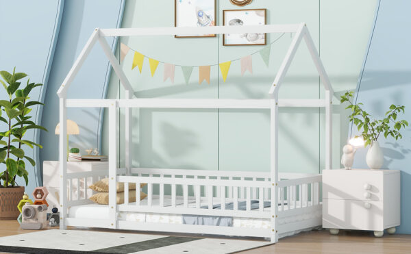 Twin Size House Floor Wooden Bed with Roof Frame,Safety Guardrails,White