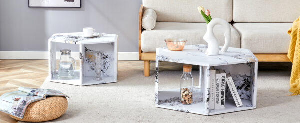 67361296e1d34c419997f98f82c8e068_242572796a27e478b76d023d4d23aabe Minimalist white patterns hexagonal Coffee Table Set.Hexagonal MDF coffee table, characteristic pattern stickers, multi-hole design to give more storage space.Two coffee tables of different sizes.