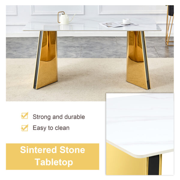 675afda55b3741e5bb0b536e09aca0d9_5dc2776b59fba846a1e39ebb93579778 Table and chair set.63"x31.5x30" Luxurious Snow Mountain Patterned Sintered Stone Table with Golden Stainless Steel Butterfly Legs.Paried With 4 Black High-quality PU Chairs With Arched Metal Legs.