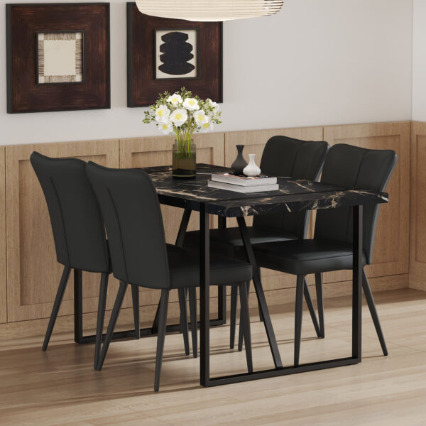 678aebf856bf416c8fa229b7b60443cc_2ba1d1ff3bbbf3e3a7ace11184f53807 Table and chair set.Modern Black Marble Pattern MDF Dining Set - 55"x31.4"with 4 Black PU chairs with a vertical stripe design on the backrest and black metal legs.Suitable for kitchen,Dining room,etc
