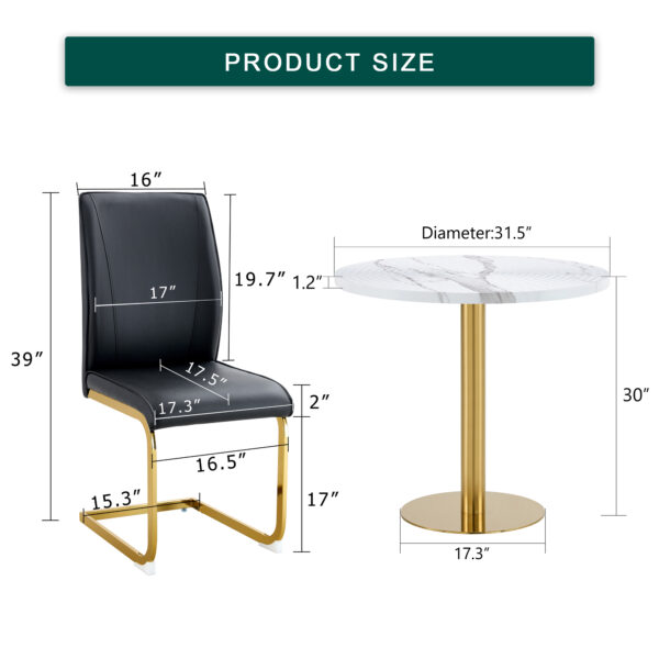 67a0ab8bc8764ceb9a0141b04b3b2b7e_8b0c1ea9564ec084c656362edb5a46f1 Table and chair set.31.5 Inch Elegant White Marble Pattern Round Dining Table - Suction Molding Annular Texture.Paired With 2 Black PU Material High Resilience Dining Chairs.
