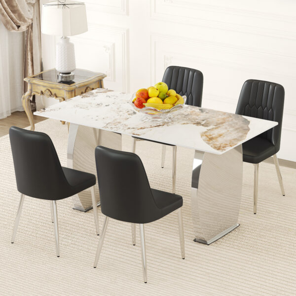67a4451423ae450ea7567695b2cf42fd_95ca5ed933eaef61d2455de79d064d5f Table and chair set.63*31.4 Inch Pandora Patterned Sintered Stone Dining Table Set - 4 Black Chairs With Silver Metal Legs.Modern Light Luxury.Perfect For Dinner Room,Meeting Room,Kitchen,etc.