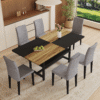 Table and chair set.71*35.4 inch Wooden And Black Spliced Dining Table With Storage Function In The Middle Of The Table Legs.Paired With 6 Light Gray Linen-Cotton Dining Chairs, Simple And Versatile.