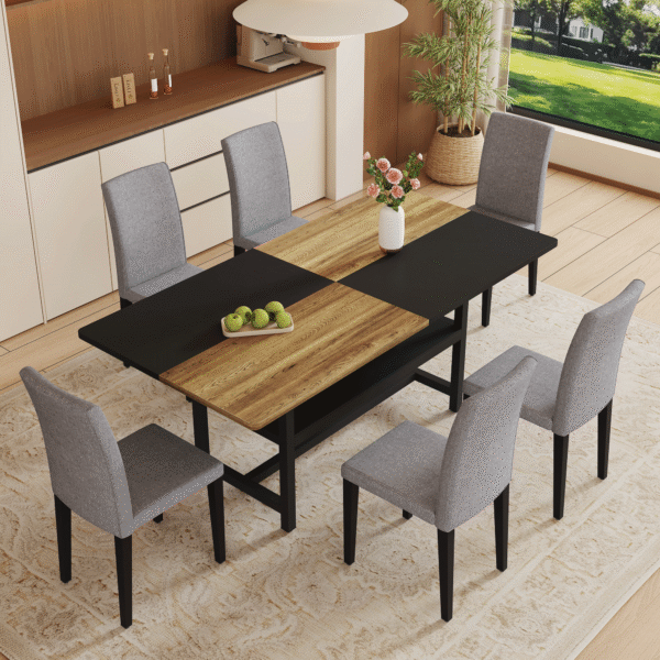 Table and chair set.71*35.4 inch Wooden And Black Spliced Dining Table With Storage Function In The Middle Of The Table Legs.Paired With 6 Light Gray Linen-Cotton Dining Chairs, Simple And Versatile.