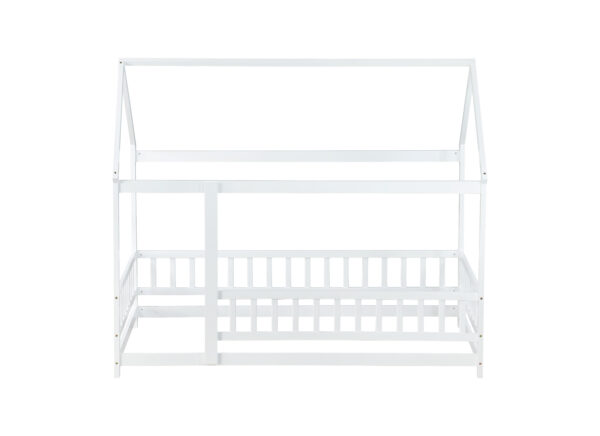 Twin Size House Floor Wooden Bed with Roof Frame,Safety Guardrails,White