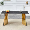 63"x31.5x30" Black Marble-Patterned Slab Dining Table with Golden Stainless Steel Butterfly Legs.The tabletop is designed to be scratch and heat resistant.Slabs Tabletop,Golden Stainless Steels Legs.
