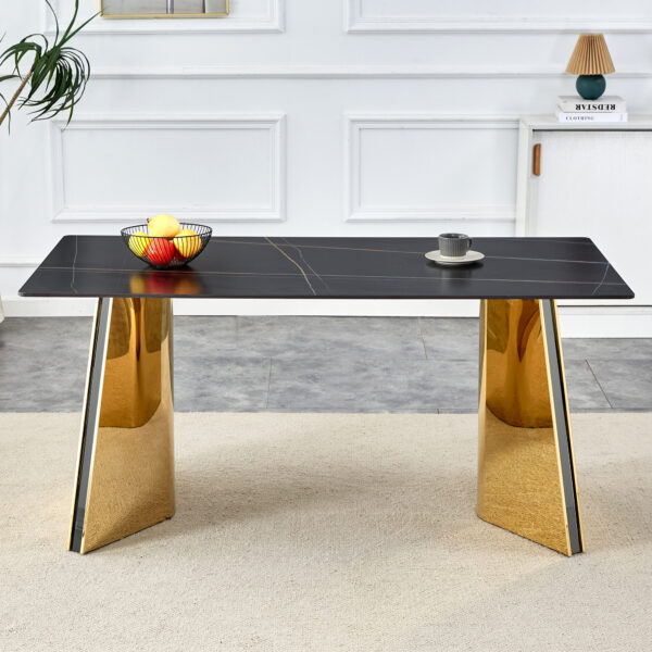 680644156c844558952aadf1573b4cda_c7c6e8114cd9bee0202f74d5bb754beb 63"x31.5x30" Black Marble-Patterned Slab Dining Table with Golden Stainless Steel Butterfly Legs.The tabletop is designed to be scratch and heat resistant.Slabs Tabletop,Golden Stainless Steels Legs.