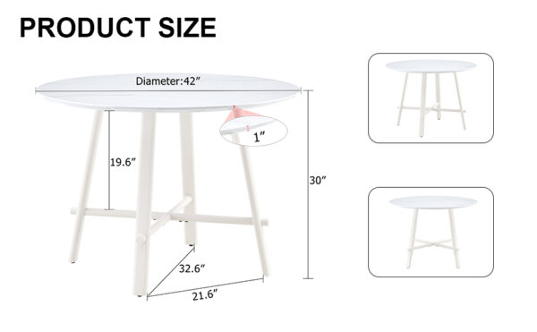 680b0a8bb1b24817abe11c174240236e_dbb4dd334d9f00ca612514eb9d737798 A modern minimalist circular dining table with a 42 inch diameter white patterned tabletop and white metal legs. Suitable for restaurants, living rooms, and conference rooms.
