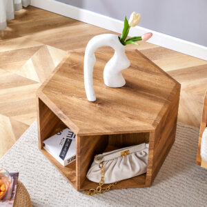 Hexagonal MDF coffee table, characteristic pattern stickers, multi-hole design to give more storage space, simple and convenient design makes it suitable for all kinds of style scenes.