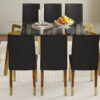 Table and chair set.71 * 35.4 inch rectangular dining table.Tempered Glass Tabletop,Golden 7-shaped Metal Table Legs.Paried With 8 Black PU dining chairs, Golden Metal Legs.Simple and versatile.