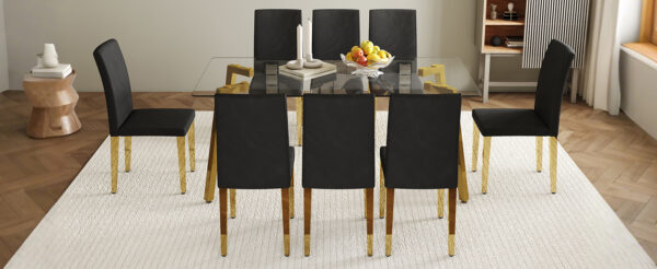6866f5a6aad342678d8ff85810bba86c_01b78166ec4405132a49d92fb0a07d18 Table and chair set.71 * 35.4 inch rectangular dining table.Tempered Glass Tabletop,Golden 7-shaped Metal Table Legs.Paried With 8 Black PU dining chairs, Golden Metal Legs.Simple and versatile.