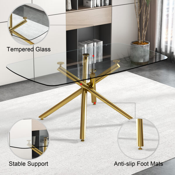 6874c155d4354841968aea738a248903_20230717_ae8907d4a7d35551fdd315b22659718e Large Modern Minimalist Rectangular Glass Dining Table for 6-8 with 0.39" Tempered Glass Tabletop and Golden Plated Metal Legs,for Kitchen Dining Living Meeting Room Banquet hall 71'' x 39'' x30''1537