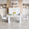Table and chair set.64.5x35.4 Inch Stylish White Marble Textured Dining Table.Paried With 4 White PU Chairs with a vertical stripe design on the backrest.Create Your Exclusive Low-Key Luxury Space.