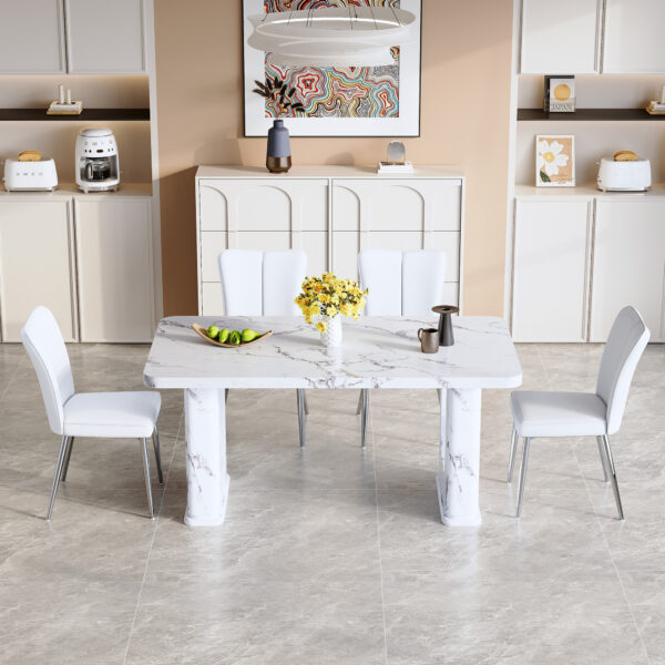 689414dffaaf41679732392bbe77d034_b9c976c6f8866bc9591649c5ecd860d0 Table and chair set.64.5x35.4 Inch Stylish White Marble Textured Dining Table.Paried With 4 White PU Chairs with a vertical stripe design on the backrest.Create Your Exclusive Low-Key Luxury Space.