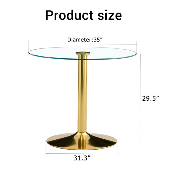 68ca6c2ed8ea42d28ea783c6353fc902_c6dcfa688add5ccab2993b1a00671c31 A 35-inch diameter glass top and a modern, minimalist round dining table with gold metal legs. Ideal for dining rooms, living rooms and meeting rooms.
