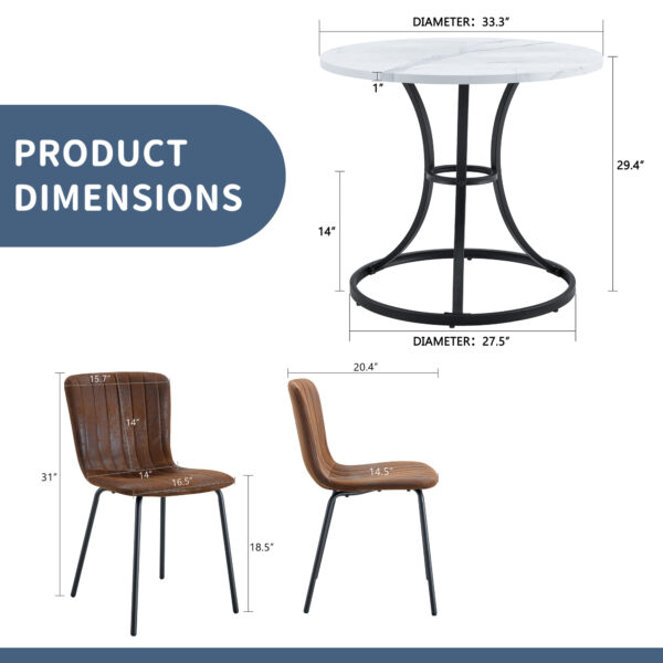68dca71f9c8f40f88b234205f0a772a0_10cf40b986355399931a132c8ed6e79c Table and chair set.A Modern Minimalist Circular Dining Table With A Diameter Of 33.3 Inches.Paired With 4 High Quality Brown Dining Chairs Made Of Technology-Fabric.Iron pipe spraying Legs.