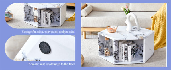 68e092691aac4b04a3f08ca0e7a31451_9c0e7a02c98f08afca2c634f6eec46f3 Hexagonal MDF coffee table, characteristic pattern stickers, multi-hole design to give more storage space, simple and convenient design makes it suitable for all kinds of style scenes.