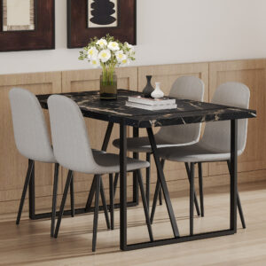 Table and chair set.Modern Black Marble Pattern MDF Dining Set - 55"x31.4" with 4 Light Gray Linen Fabric Chairs.Iron Pipe Spraying Chair Legs.Suitable for kitchen,Dining room,etc.