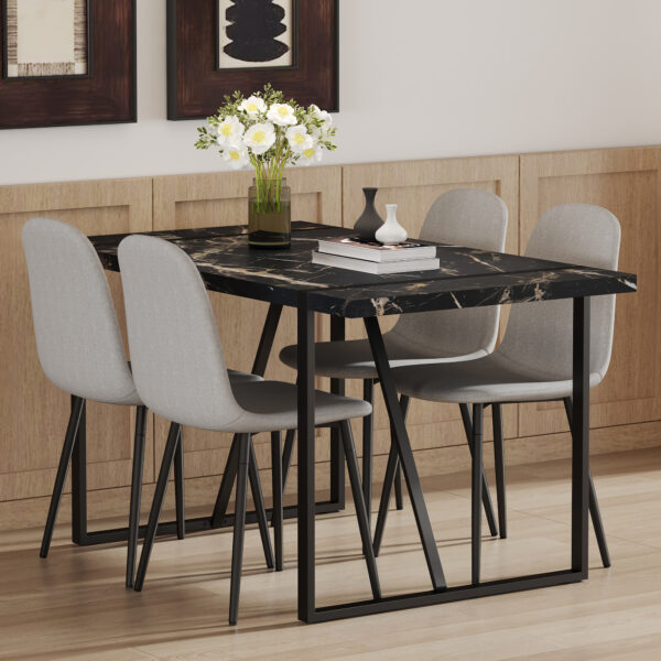 68e5de2fb69347e795033d4fd0d93fd8_3ae7b0ce3702fc06df31e7915b7fb58e Table and chair set.Modern Black Marble Pattern MDF Dining Set - 55"x31.4" with 4 Light Gray Linen Fabric Chairs.Iron Pipe Spraying Chair Legs.Suitable for kitchen,Dining room,etc.
