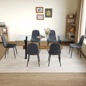 Table and chair set.79"x31.5" with X-shaped Black Metal Table Legs,Wood Grain Textured MDF Crossbeam.Paired With 6 Chairs Made Of Dark Gray Lnen Fabric.Iron pipe spraying Legs.