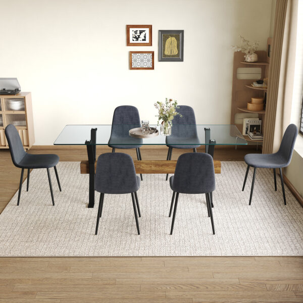 690d99d23e8f4c898c57078ee9d683f6_c8e68f875a382f18725a471f5d44ae4c Table and chair set.79"x31.5" with X-shaped Black Metal Table Legs,Wood Grain Textured MDF Crossbeam.Paired With 6 Chairs Made Of Dark Gray Lnen Fabric.Iron pipe spraying Legs.