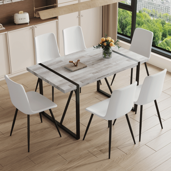 692d410c1a0e4615af4eb77290db76b9_490b0131af9f289086bbd24b4d3057d8 Table and chair set.A minimalist retro rectangular dining table with a specially textured top and black metal legs.Paired With 6 White Artificial PU Chairs With Curved Widened Cushion Design.