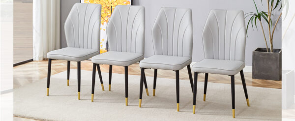 6944a51aa346433c97dc059d1e4dfbe2_e8e0094204f0771ace014bd45507153c 4 light gray modern dining chairs with stylish PU patterned backrest and black metal legs for a comfortable home experience in the kitchen, bedroom and office.