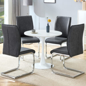 Table and chair set.Hourglass-Shaped Stable Small Round Table -31.9" * 31.9" With 4 Soft and Comfortable Dark Gray PU Chair With Arched Metal Silver Leg.Create Your Exclusive Low-Key Luxury Space.