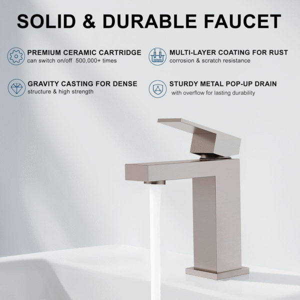 69600729a1b2467a8a48857a4daddc97_0100834cb9cdbb5b495a92a96103dcbf Single Handle Bathroom Faucet, Brushed Nickel Single Hole Bathroom Faucet, Solid Brass Modern Bathroom Sink Faucet Heavy Duty Vanity Square Bathroom Faucet with Pop-up Drain & Water Supply Hoses