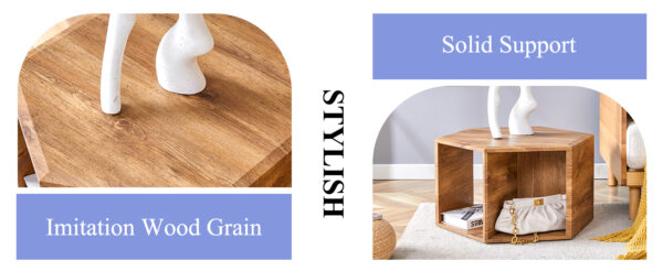 698b107932f94570a69f561103c3b1e7_b18bf2e67f1241542480ed8ce0b85d05 Hexagonal MDF coffee table, characteristic pattern stickers, multi-hole design to give more storage space, simple and convenient design makes it suitable for all kinds of style scenes.