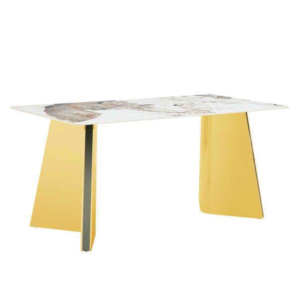 6990ab0aae454edbb9fac013896b4ecd_bd28d30014b9df01ebdc7054833a2628 63"x31.5x30" Pandora Patterned Sintered Stone Dining Table with Golden Stainless Steel Butterfly Legs.The tabletop is designed to be scratch and heat resistant.Slabs Tabletop,Stainless Steels Legs.