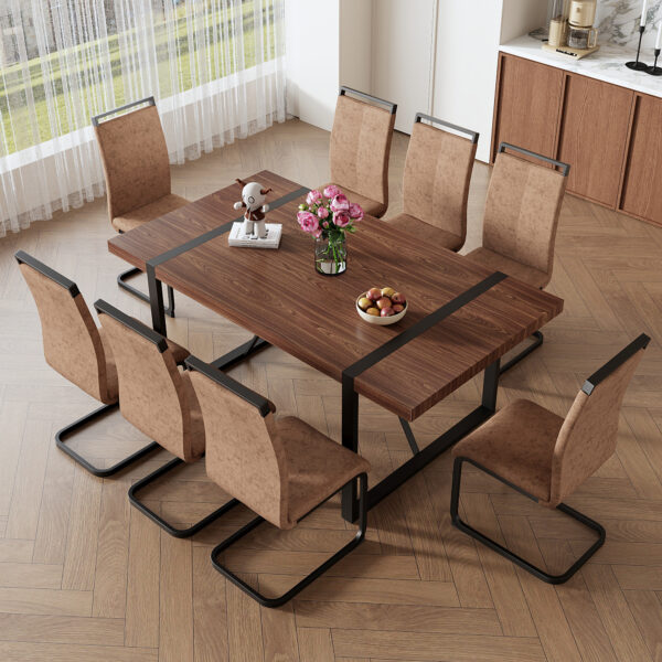 69bc654b63e0416d9adb4b5be9b41fe6_0a18775b73950789585d1e61e351bbab Table and chair set.Industrial Style Walnut-Colored Rectangular Dining Table - 71"x39.3" Large Size.Paired with 8 brown technology fabric chairs with Featuring arched black Metal legs.
