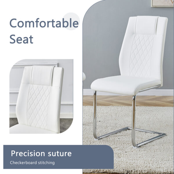 69c234cceb9c44eea79b7f3f7e64a178_4365e8511ebbb253b709576f7c33f7f2 Table and chair set.63"x31.5x30" Black Marble-Patterned Slabs Tabletop with Stainless Steel Butterfly Legs.Paried with 6 White high-quality PU chairs with silver metal legs.