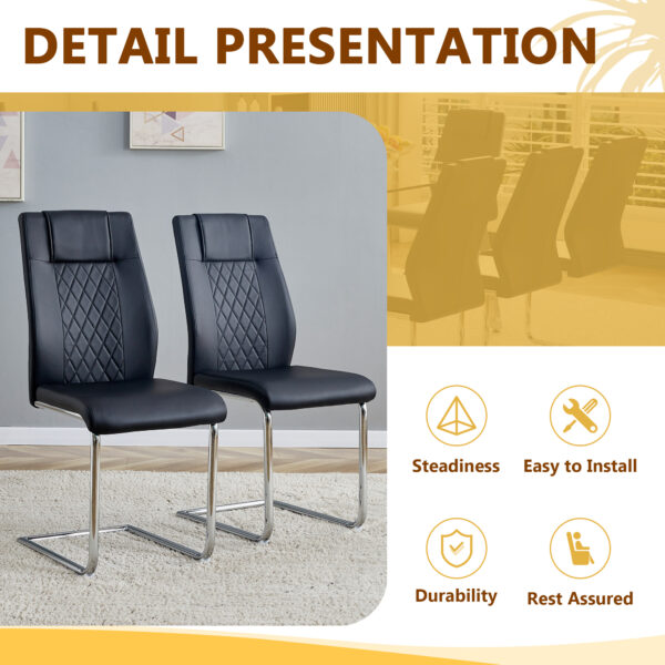 69c78d0a5ec245218b8c9f2684c492f0_d5138296c996603574486ca75e05ea58 Table and chair set.71 * 35.4 inch rectangular dining table.Tempered Glass Tabletop,Silver 7-shaped Metal Table Legs.Paried With 6 Black High-quality PU Chairs With Arched Metal Legs.