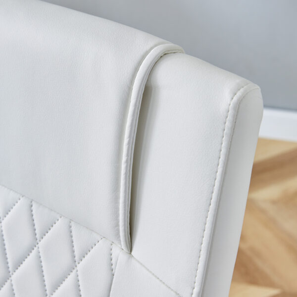 69ca47b8e536467ca793614e6d425154_e361ff0bda20646665311a8b05b2045f Table and chair set.64.5 x 35.4 Inch Stylish White Marble Textured Dining Table,Perfectly Blending Simplicity And Transparency.Paried With 6 White High-quality PU Chairs With Arched Silver Metal Legs.