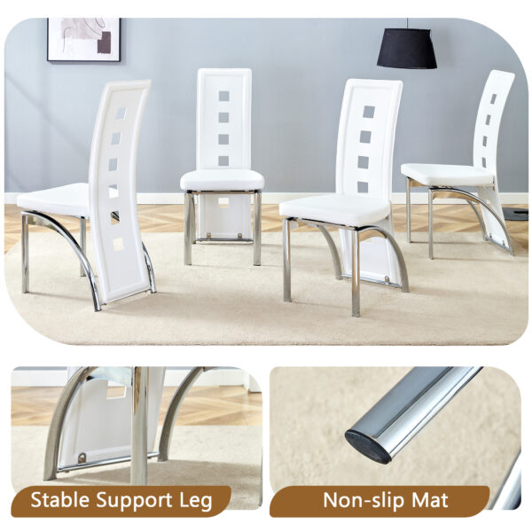 69f8e4db439b48689ee046d5c5081eae_dfbdfbd084025410c447b823f81b08e4 Table and chair set.63"*35.4" White Imitation Marble Pattern MDF Dining Table Set - 6 PU Chair With White Saddleback, Geometric Pattern Backrest,Silver Curved Metal Leg.Suitable For Various Scenes.