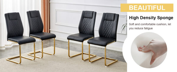 6a00ab5c8dde4e5d84e50d597fe8d6f8_d3b2fdad57da59ea5cc6dc2d9480dbcd Table and chair set.63"x31.5x30" Luxurious Pandora patterned Sintered Stone Tabletop with Golden Stainless Steel Butterfly Legs.Paried With 6 Black High-quality PU Chairs With Arched Metal Legs.