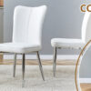 Table and chair set.63"*35.4" White Imitation Marble Pattern MDF Dining Table Set - 4 White PU Chairs with a vertical stripe design on the backrest.Create Your Exclusive Low-Key Luxury Space.