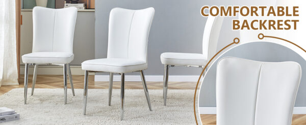 6a15ffd42ee747baa8b65ab772543652_5279183d7aaf8429c0199857f308d6e1 Table and chair set.63"*35.4" White Imitation Marble Pattern MDF Dining Table Set - 4 White PU Chairs with a vertical stripe design on the backrest.Create Your Exclusive Low-Key Luxury Space.