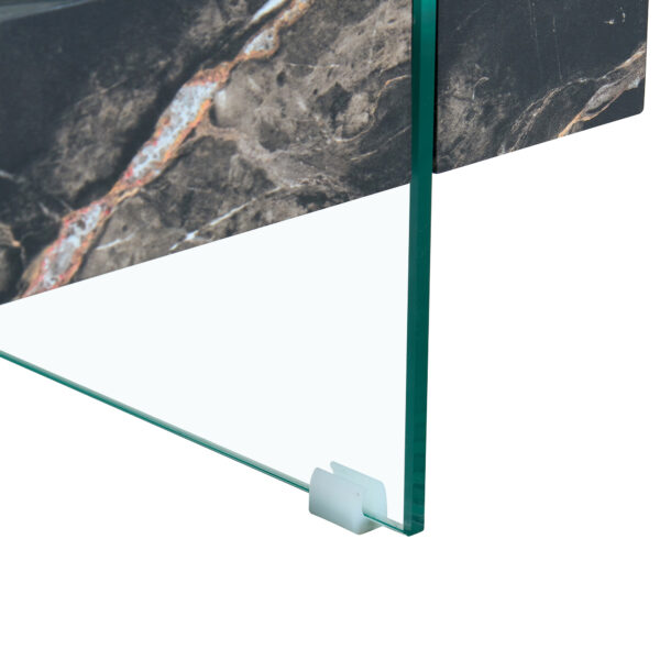 6a18d13cdf9f418583be713ba8ec1485_caa3718d0eed6fcda25e3c33d62d9f74 31.4 Inch Modern Two-Tier Square Coffee Table - An Elegant Combination of Clear Glass and Black Marble Pattern Sticker.It can be used as a coffee table,a side table or a display stand.