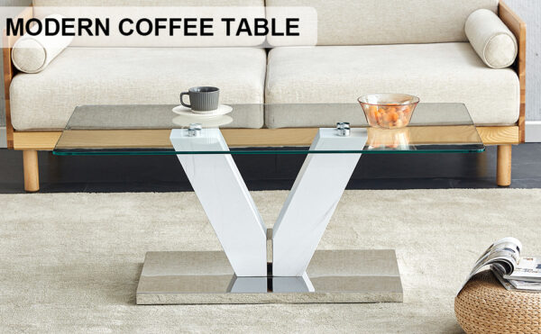 6a30c26b9eae4bce9f1aaf8ae45cab4c_20240206_a56f22b71dd685a1024c6af27f2aec47 Modern minimalist coffee table. Transparent tempered glass tabletop with silver MDF pillars. Suitable for living room and dining room