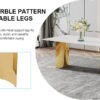 Table and chair set.The table has a glass tabletop with imitation marble pattern stickers and stainless steel golden table legs. Paried with comfortable chairs with PU seats and metal legs.