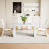 Table and chair set.63"*35.4" White Imitation Marble Pattern MDF Dining Table Set - 4 PU Chair With White Saddleback, Geometric Pattern Backrest,Golden Curved Metal Leg.Suitable For Various Scenes.