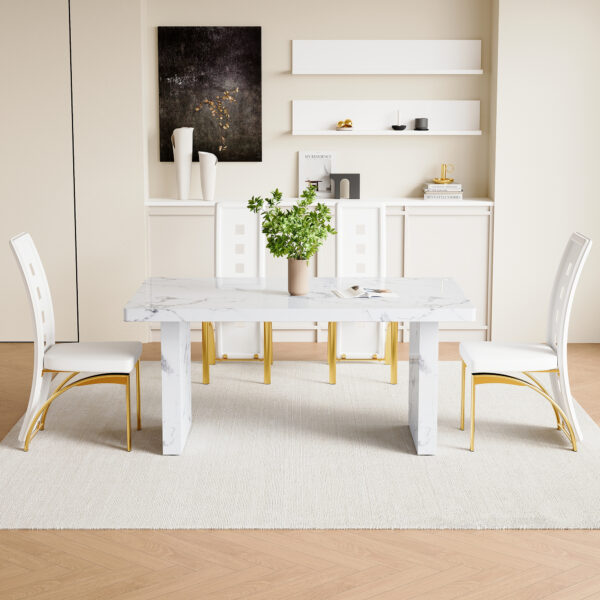 6a336828913945ccb26779b9c907a8ed_22360664af237c32b98c3f0ab347f695 Table and chair set.63"*35.4" White Imitation Marble Pattern MDF Dining Table Set - 4 PU Chair With White Saddleback, Geometric Pattern Backrest,Golden Curved Metal Leg.Suitable For Various Scenes.