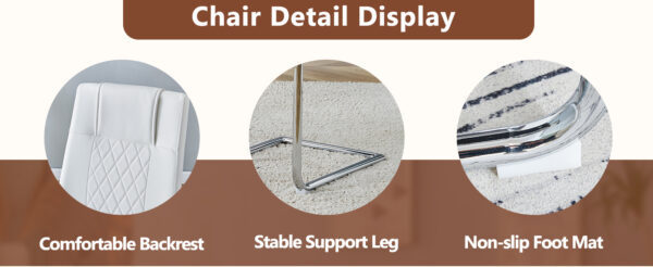 6a3b01206b4647a8b59fd60abbe7c4de_f735bf0a1b2184942d012295349deb3c Table and chair set.63"x31.5x30" Luxurious Snow Mountain Patterned Sintered Stone Table with Silver Stainless Steel Butterfly Legs.Paried With 6 White High-quality PU Chairs With Arched Metal Legs.